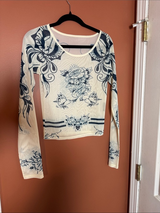 Ed Hardy Tops - NWOT Ed Hardy Cream Long-Sleeve Mesh Top with Navy Tattoo Floral Print